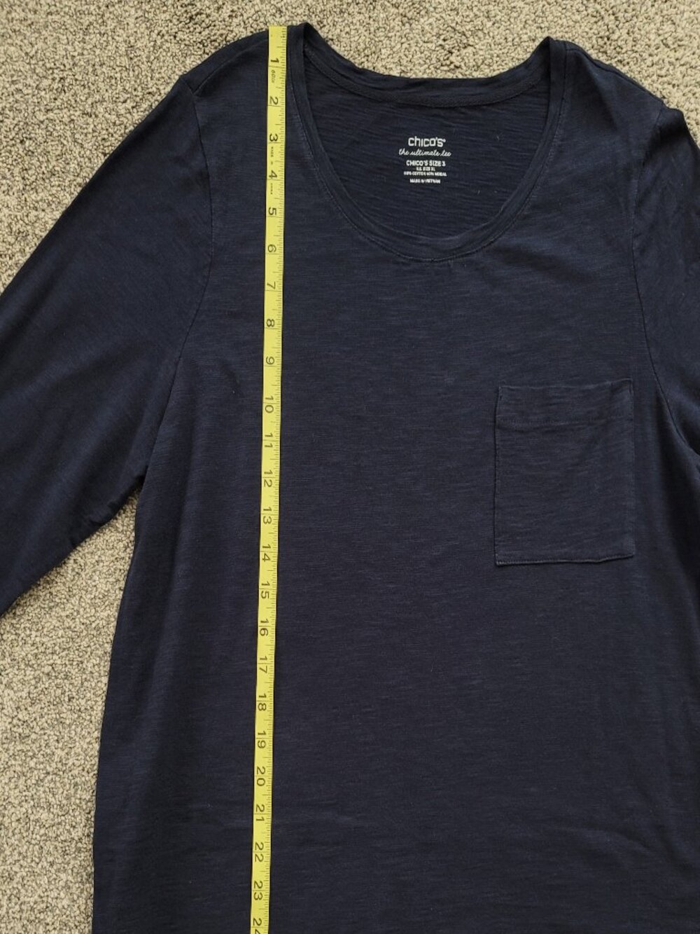 CHICO’S Ultimate Tee Navy Blue Pocket Top Cotton Modal 3/4 Sleeve | Size 3 - Picture 8 of 10
